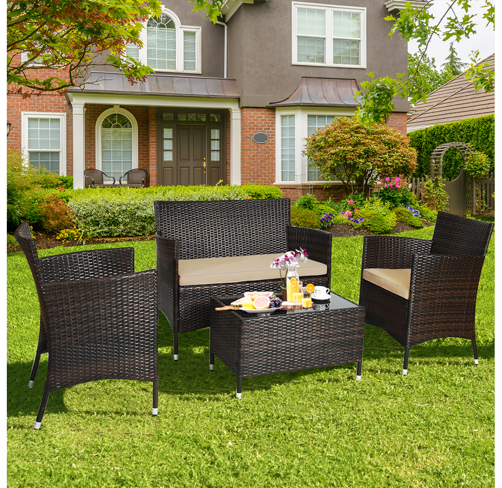 Rattan Outdoor 4-Piece Patio Furniture Set - Beige