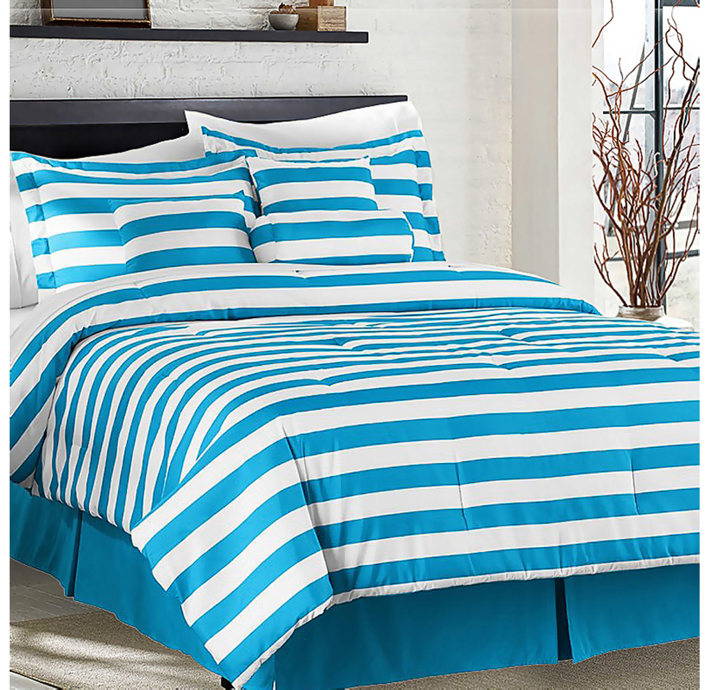 Horizontal Stripe 7-Piece Comforter Set - Twin - White/Blue