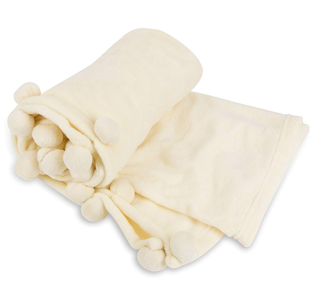Cheer Collection Pom Pom Flannel Blanket - 50 x 60 - Ivory