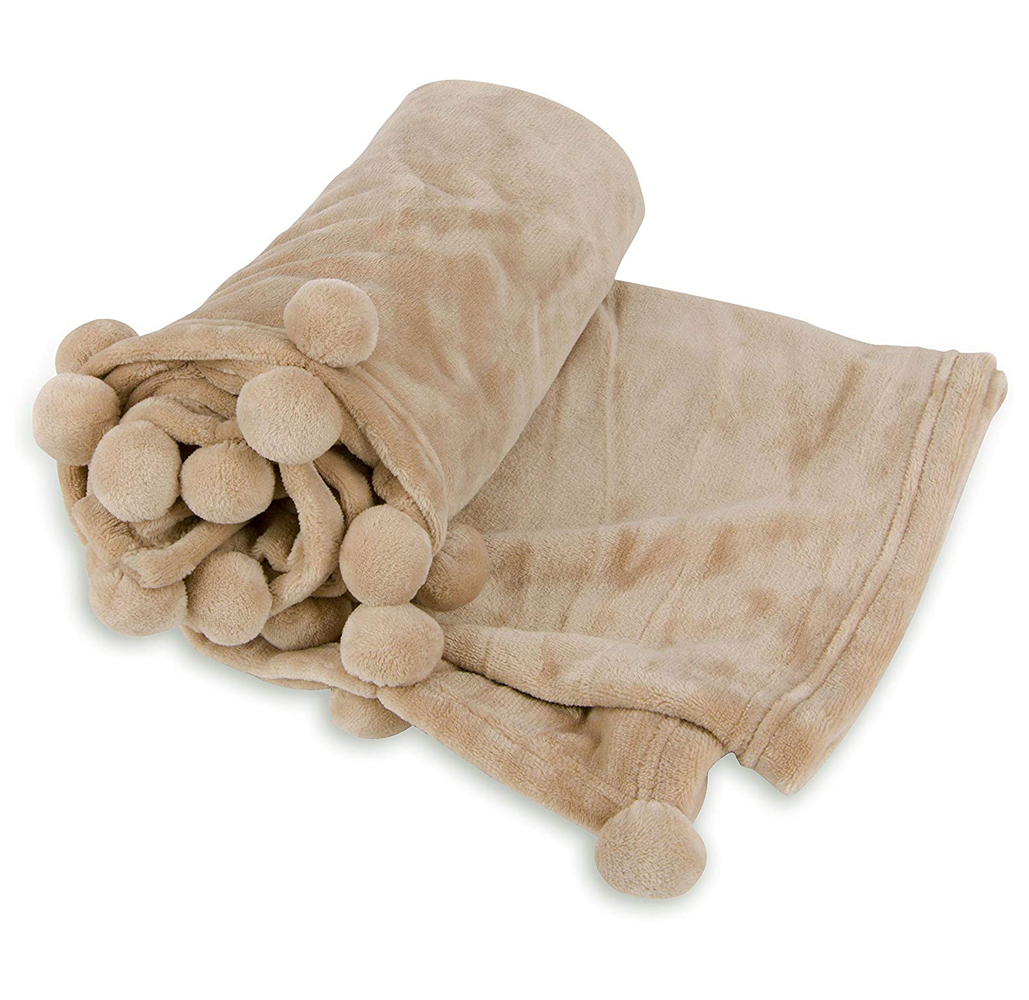 Cheer Collection Pom Pom Flannel Blanket - 50 x 60 - Taupe