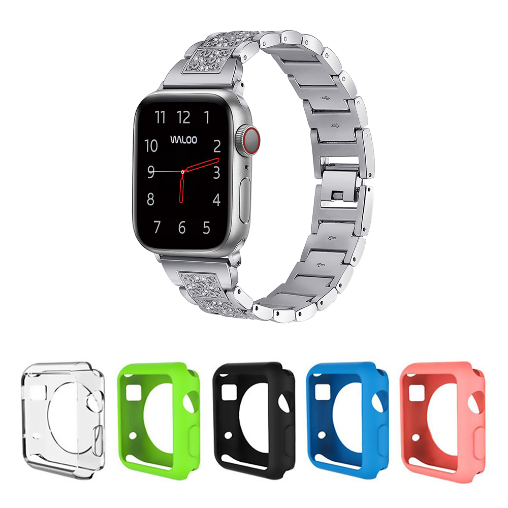 Rhinestone Pattern Band + 5-Count Gel Case for All Apple Watch Series - Rhinestone+GelPack42mmSlvr