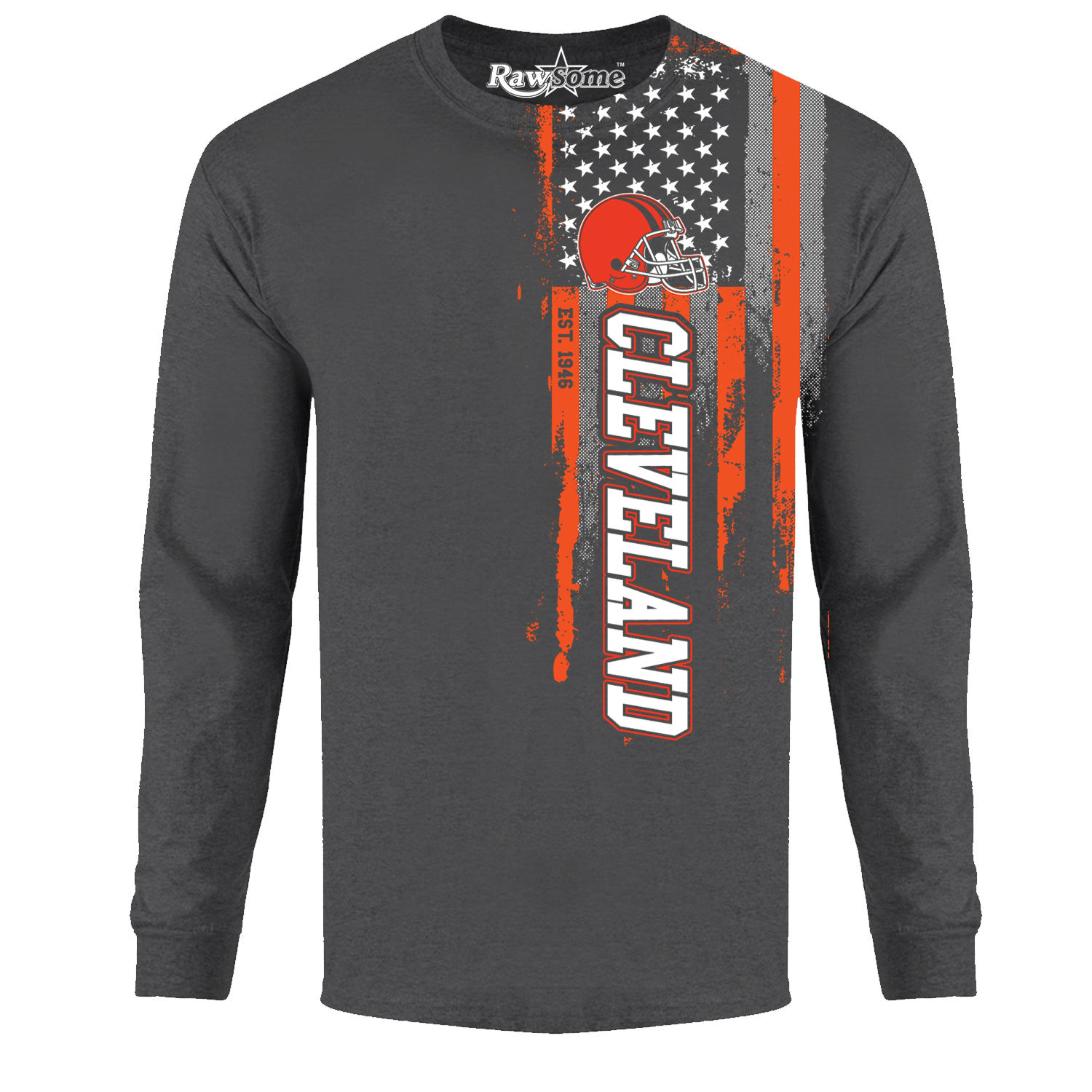 Men's Football USA Flag Long Sleeve Shirt - Cleveland - Charcoal / 2XL