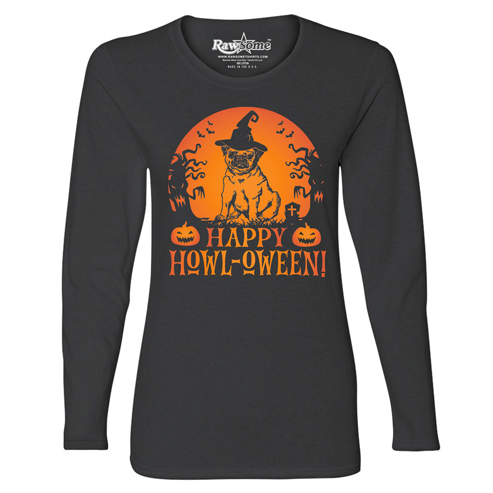Women's Creepy Scary Halloween Long Sleeve Shirt - Happy HoWL-oWEEN - Black / 2XL