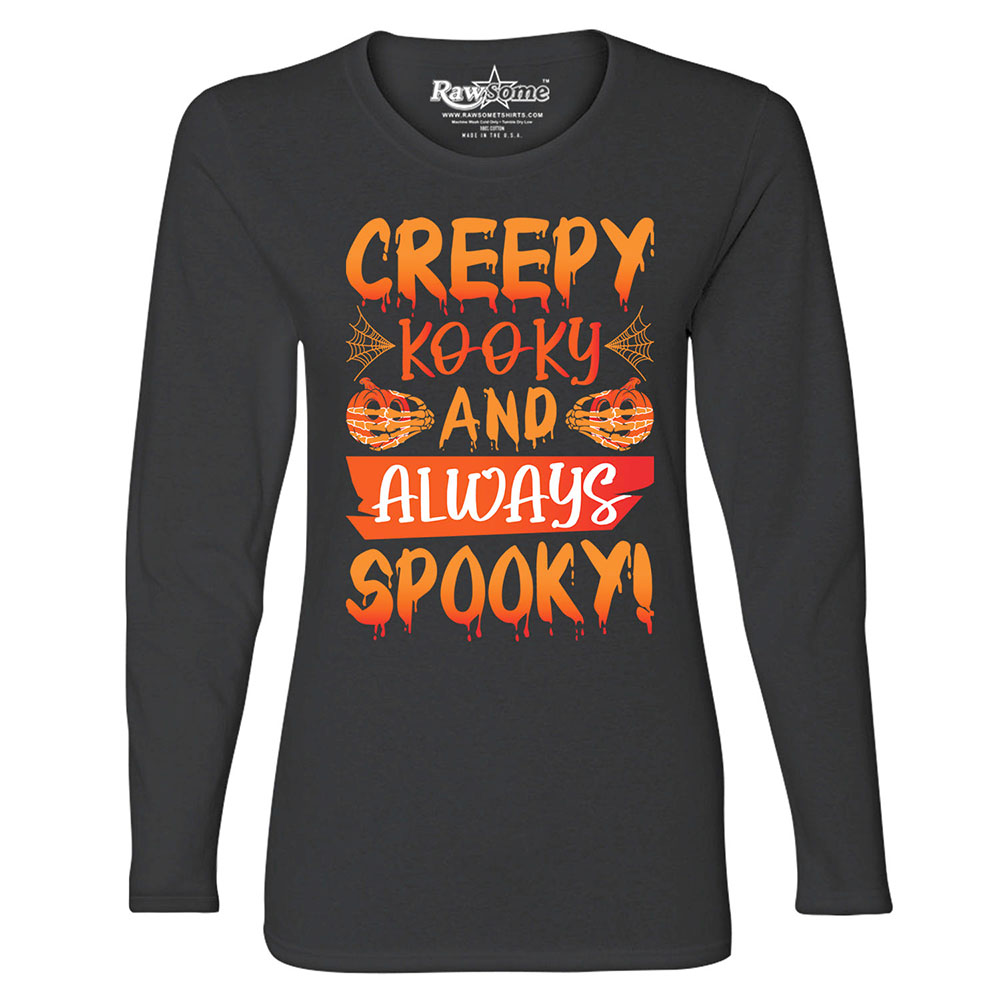Women's Creepy Scary Halloween Long Sleeve Shirt - Creepy Kooky and Always Spooky - Black / 2XL