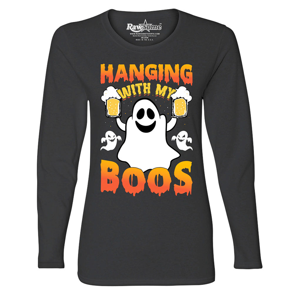 Women's Creepy Scary Halloween Long Sleeve Shirt - Hanging with My Boos - Black / 2XL
