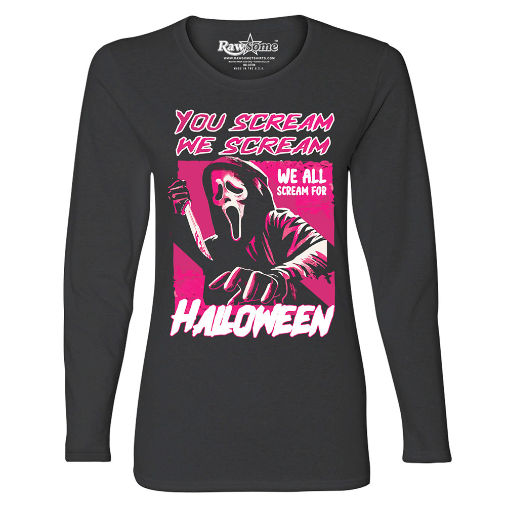 Women's Creepy Scary Halloween Long Sleeve Shirt - You Scream We Scream - Black / S