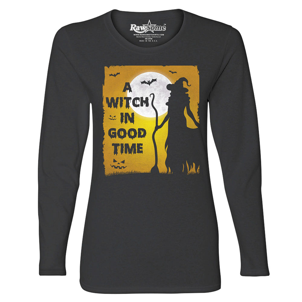 Women's Creepy Scary Halloween Long Sleeve Shirt - A Witch in Good Time - Black / 2XL