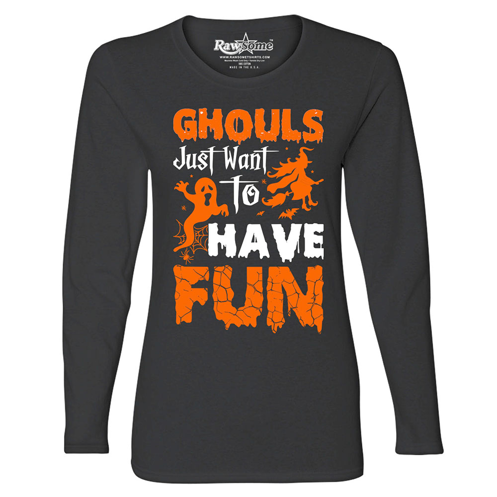 Women's Creepy Scary Halloween Long Sleeve Shirt - Ghouls Just Want to Have Fun - Black / 2XL