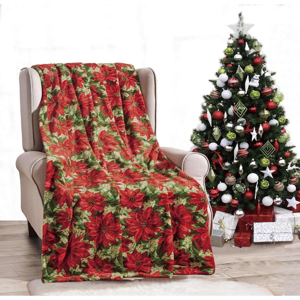 Noble House Soft Fleece Winter Holiday Throw Blanket - Poinsettia