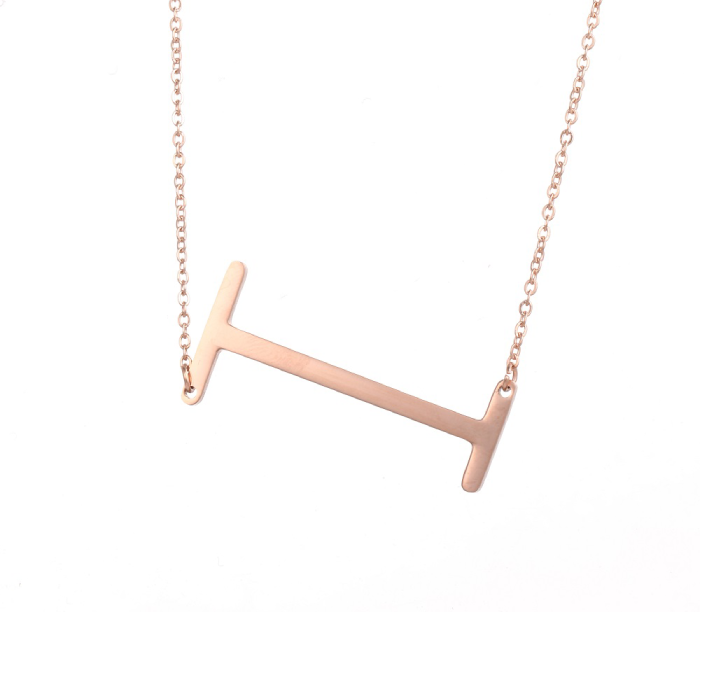 18K Gold-Plated Sideway Initial Necklace - Rose Gold - I