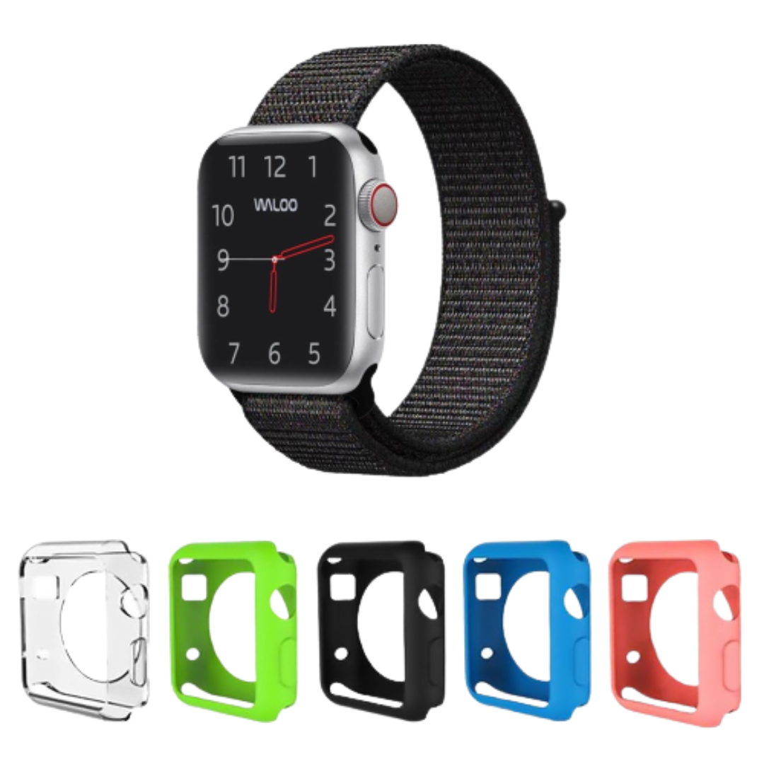Waloo&reg; Nylon Band for Apple Watch + 5 Deluxe Screen Bumpers - 38mm Black