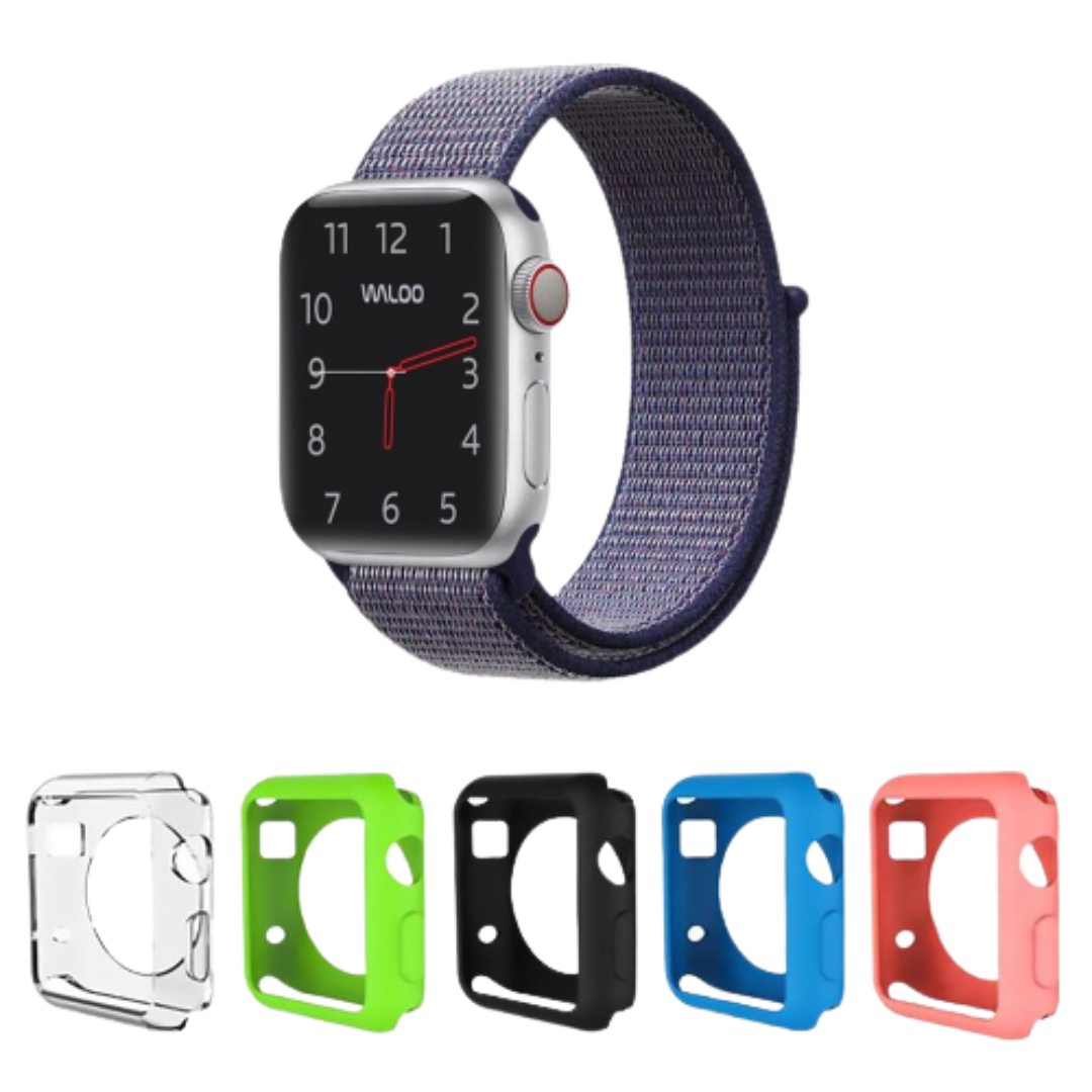 Waloo® Nylon Band for Apple Watch + 5 Deluxe Screen Bumpers - 42mm Blue