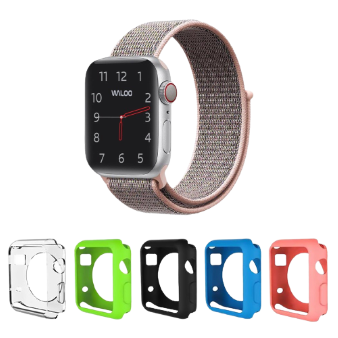 Waloo® Nylon Band for Apple Watch + 5 Deluxe Screen Bumpers - 44mm Pink