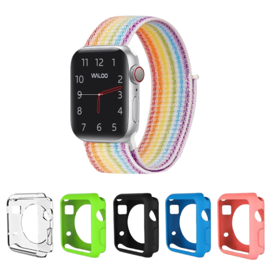 Waloo® Nylon Band for Apple Watch + 5 Deluxe Screen Bumpers - 42mm Rainbow