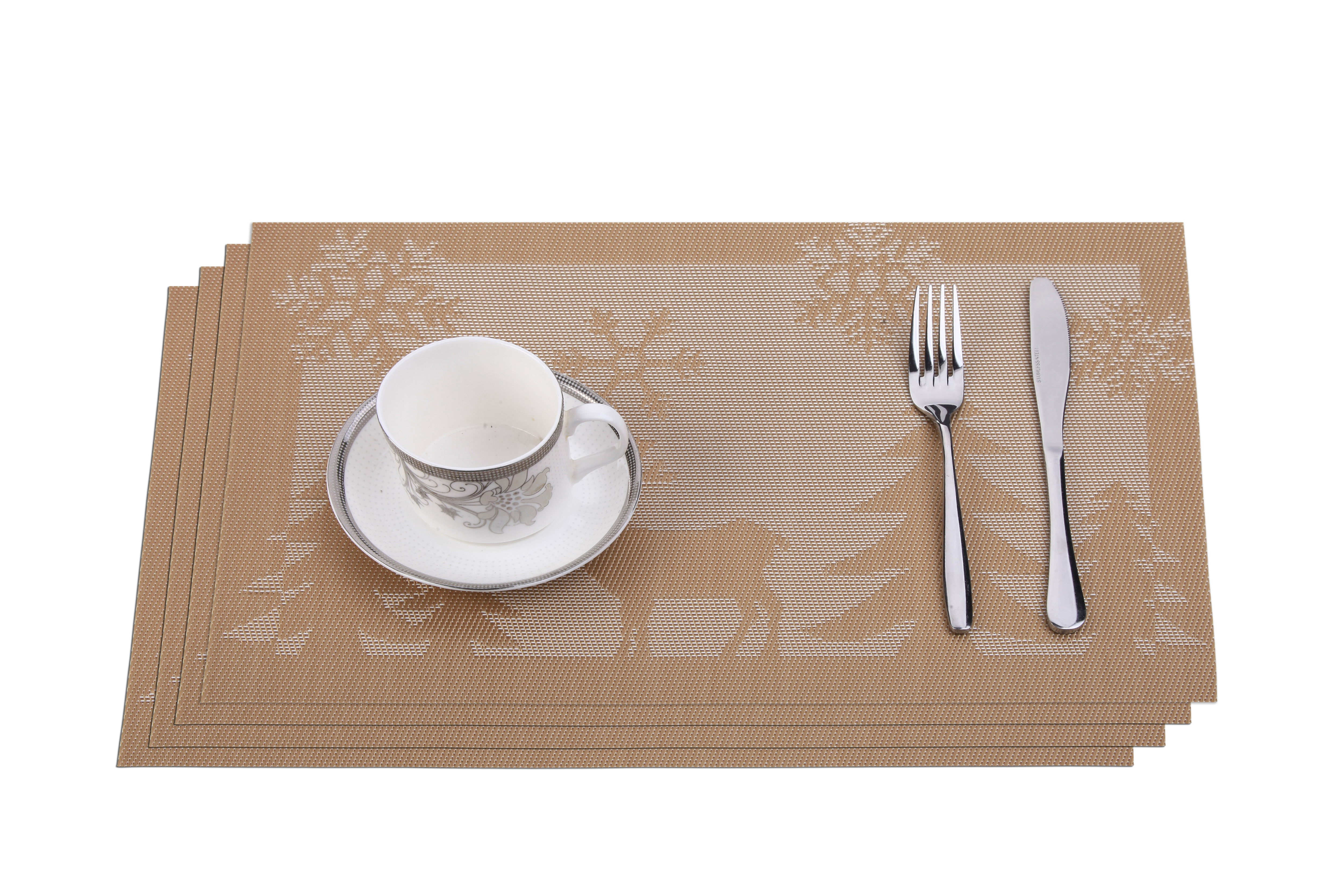 Cross Woven Vinyl Washable Table Mats (Set of 4) - Gold & White Deer Jacquard