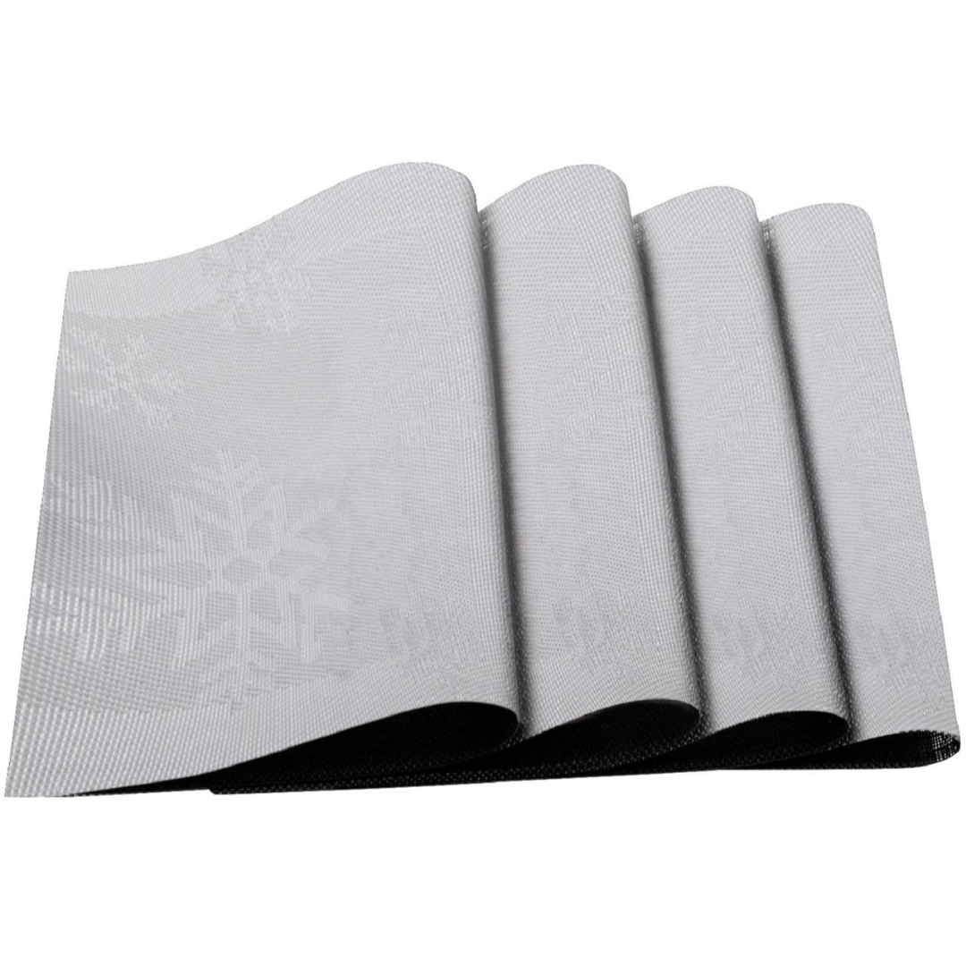 Cross Woven Vinyl Washable Table Mats (Set of 4) - Silver Snowflakes Jacquard