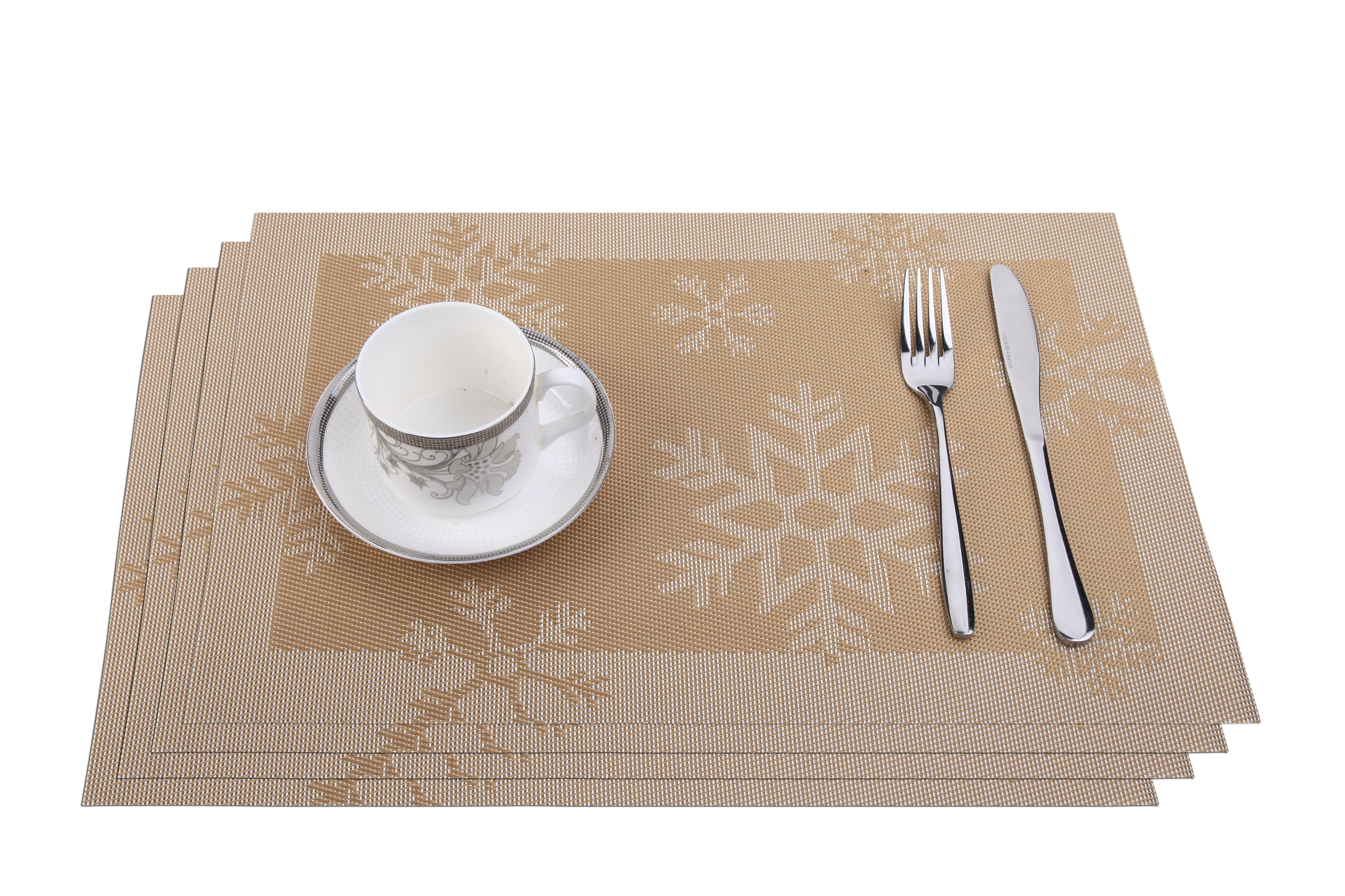 Cross Woven Vinyl Washable Table Mats (Set of 4) - Golden Snowflakes Jacquard