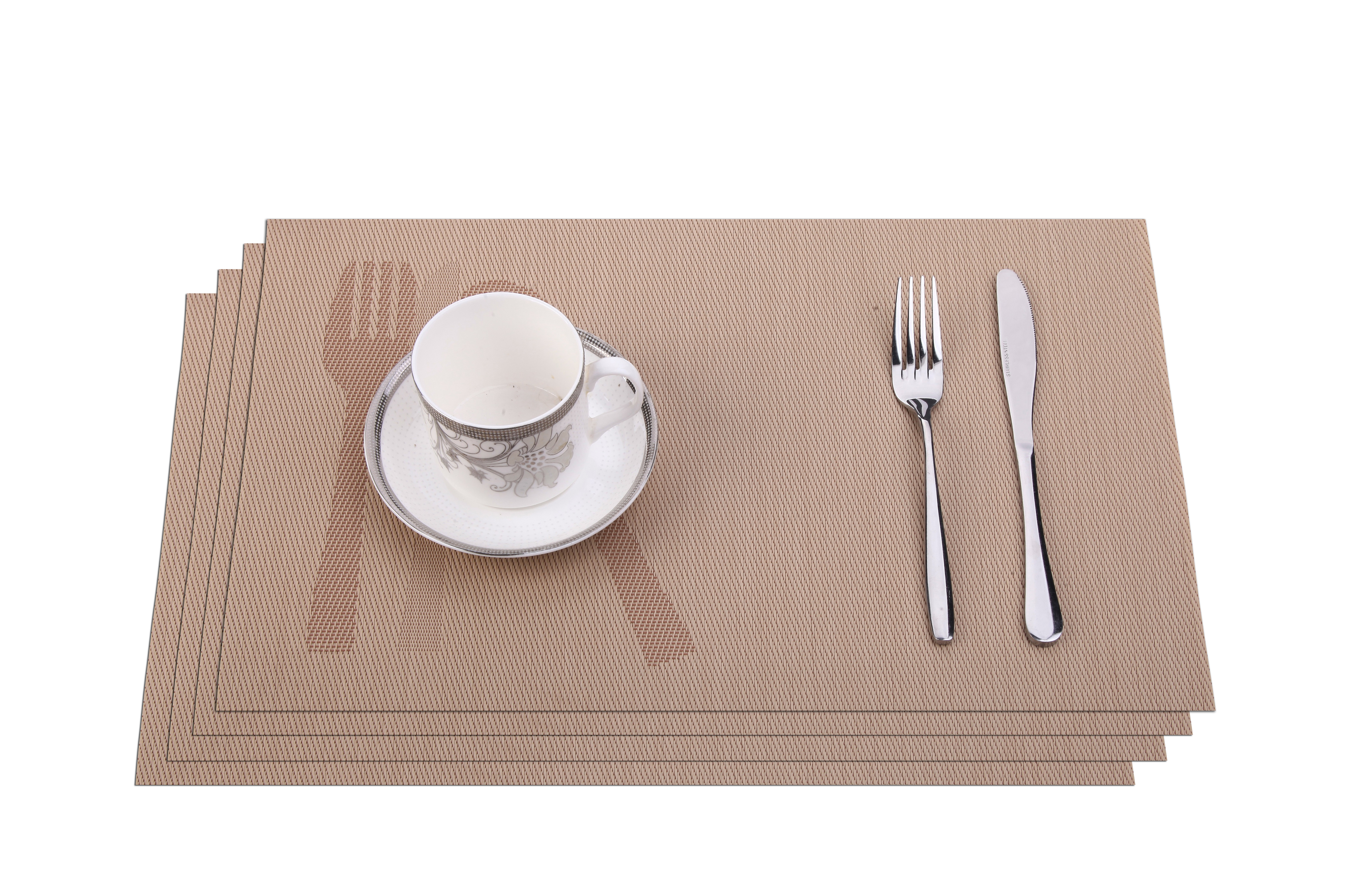 Cross Woven Vinyl Washable Table Mats (Set of 4) - Cream-Colored Knife & Fork Jacquard1