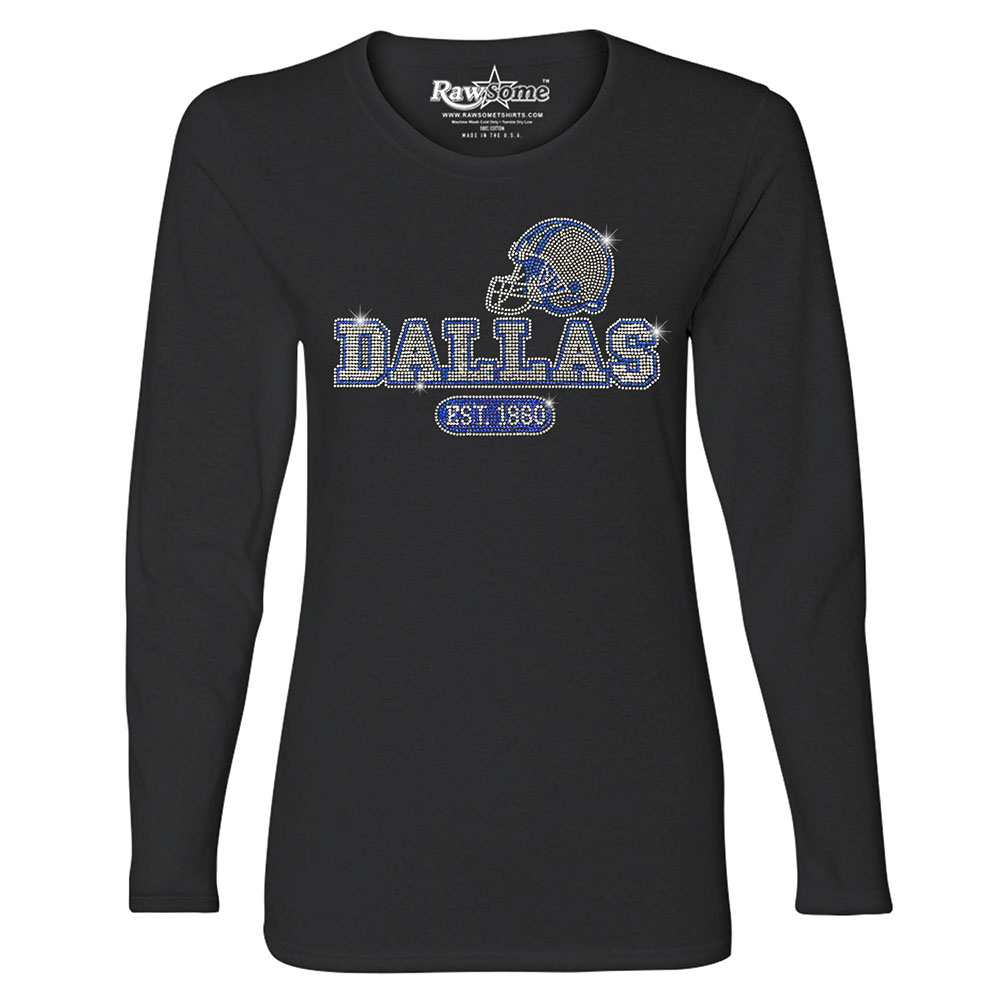 Women's Awesome Football Rhinestone Bling Long Sleeve Shirt - Dallas - Black / S