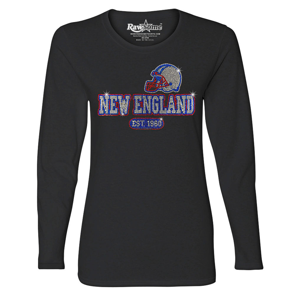 Women's Awesome Football Rhinestone Bling Long Sleeve Shirt - New England - Black / S
