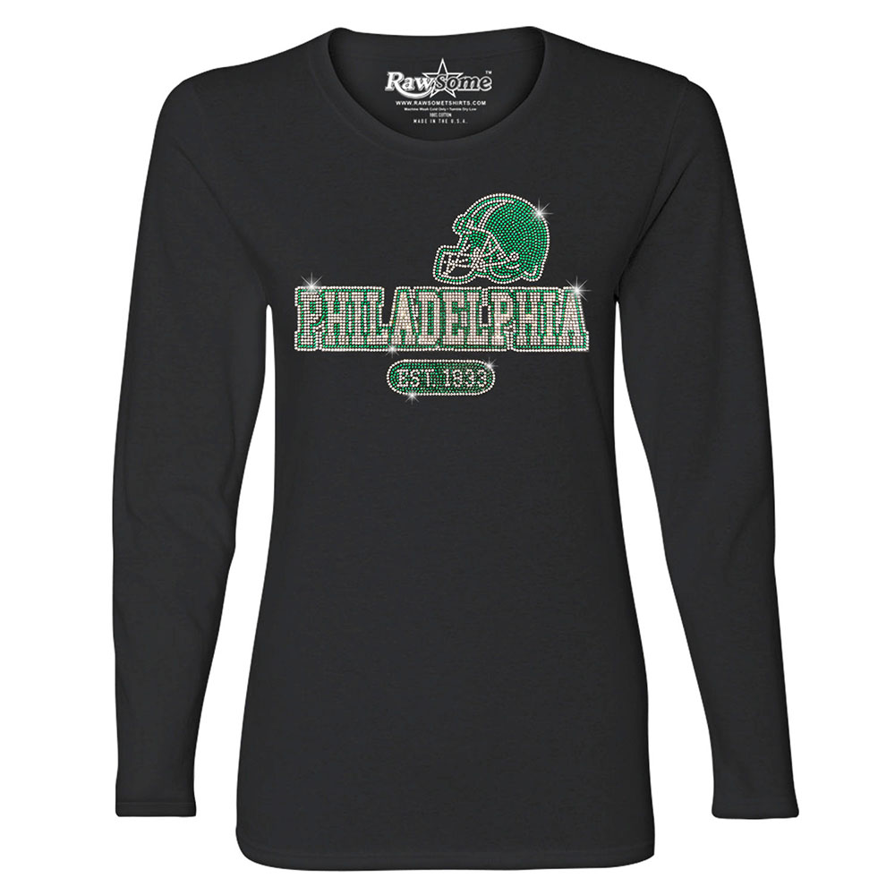 Women's Awesome Football Rhinestone Bling Long Sleeve Shirt - Philadelphia - Black / S