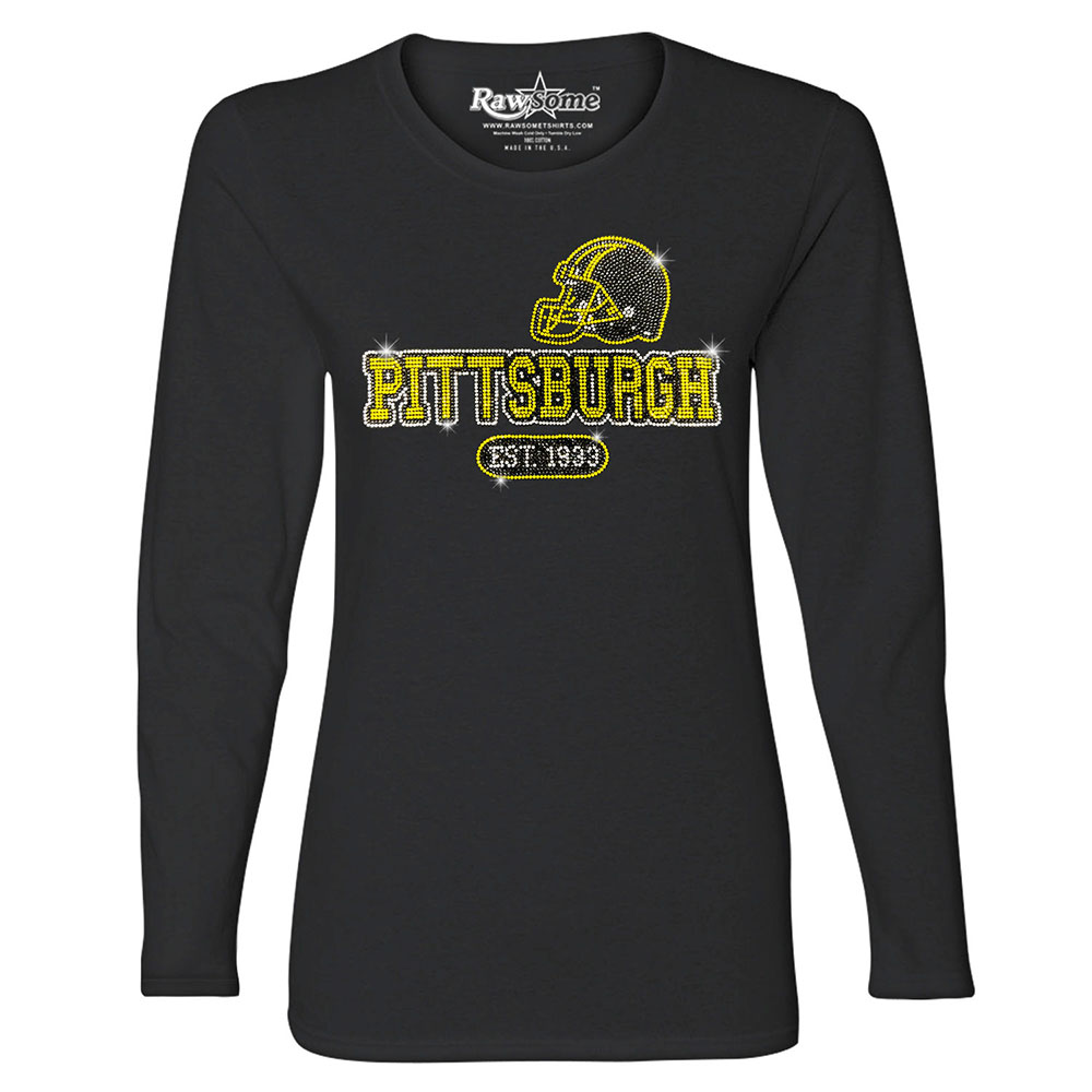 Women's Awesome Football Rhinestone Bling Long Sleeve Shirt - Pittsburgh - Black / S