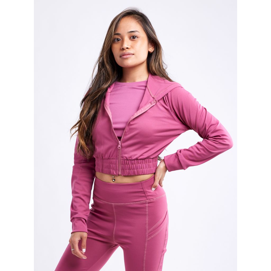 Women's Fitted Athletic Zip-up Crop Hoodie Jacket - Small / Medium - Rose Pink