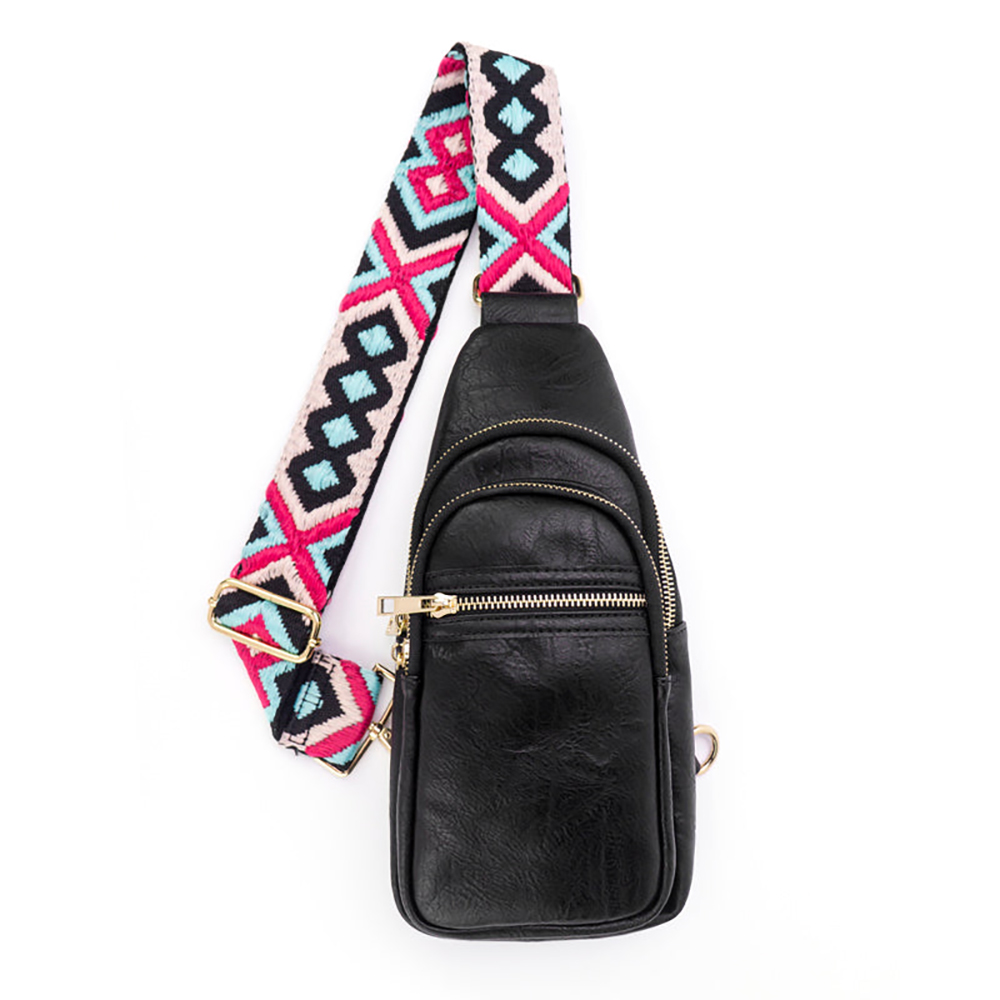 Riley Vegan Leather Sling Bag (Choose Your Strap) - Black / Blue/Silver Stripe