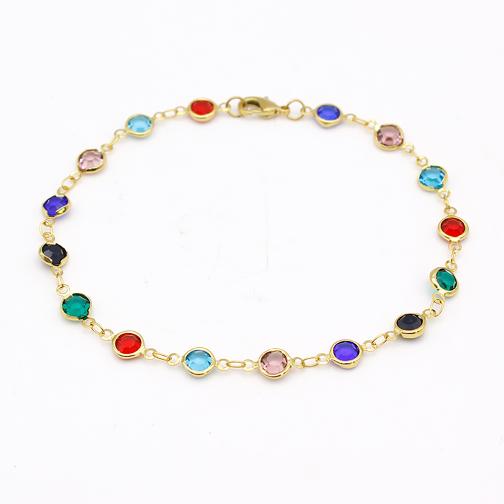 18K Gold-Plated High-Polish Finish Crystal Anklet - Multi-color Crystal Round