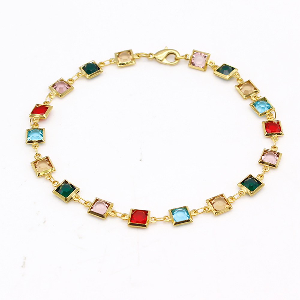 18K Gold-Plated High-Polish Finish Crystal Anklet - Square Multi-color