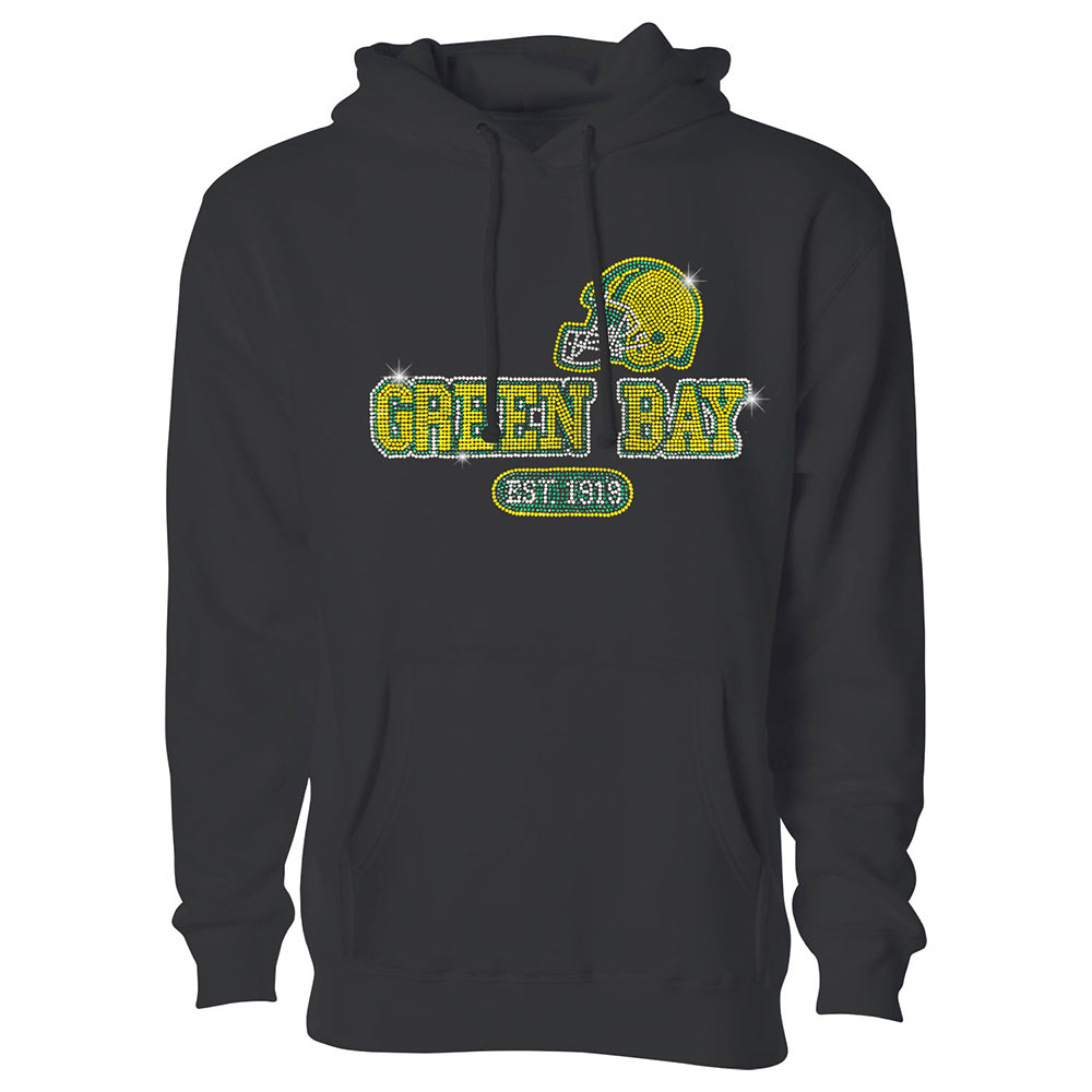Women's Awesome Football Rhinestone Bling Pullover Hoodie - Green Bay - Black / S