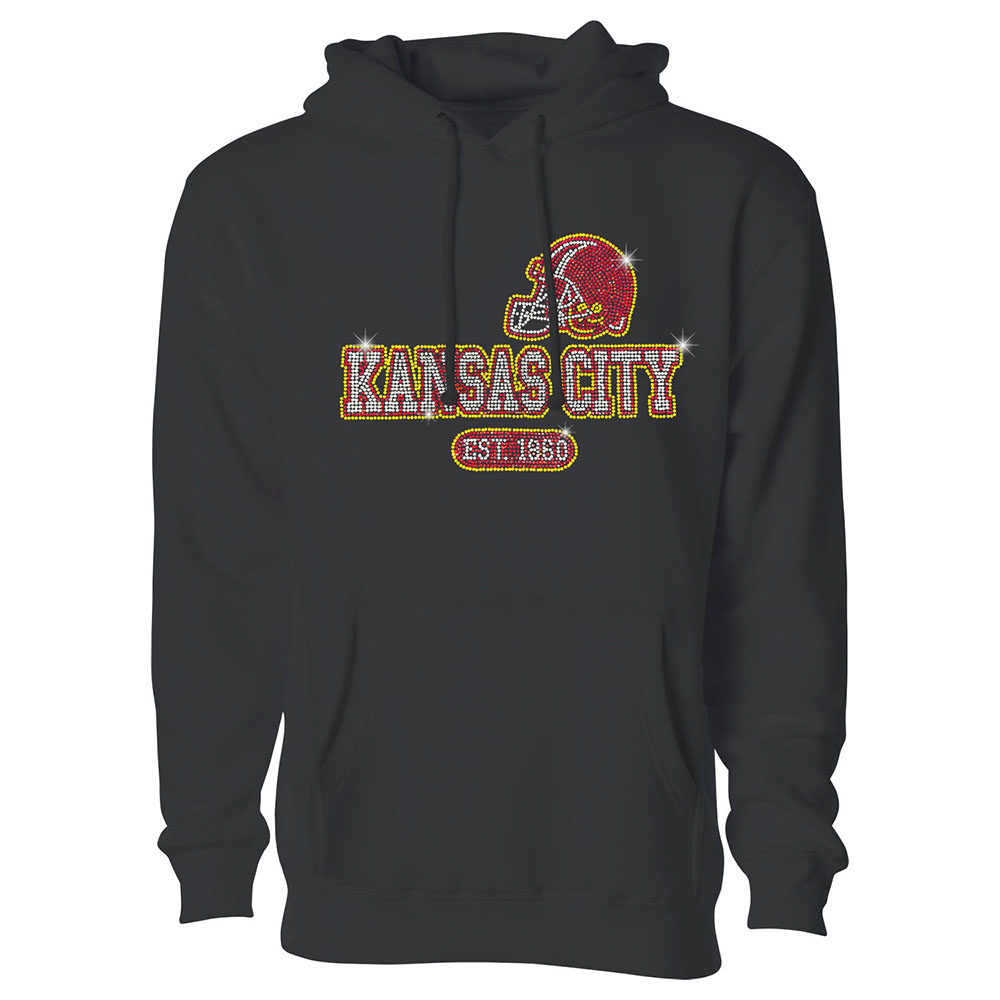 Women's Awesome Football Rhinestone Bling Pullover Hoodie - Kansas City - Black / S