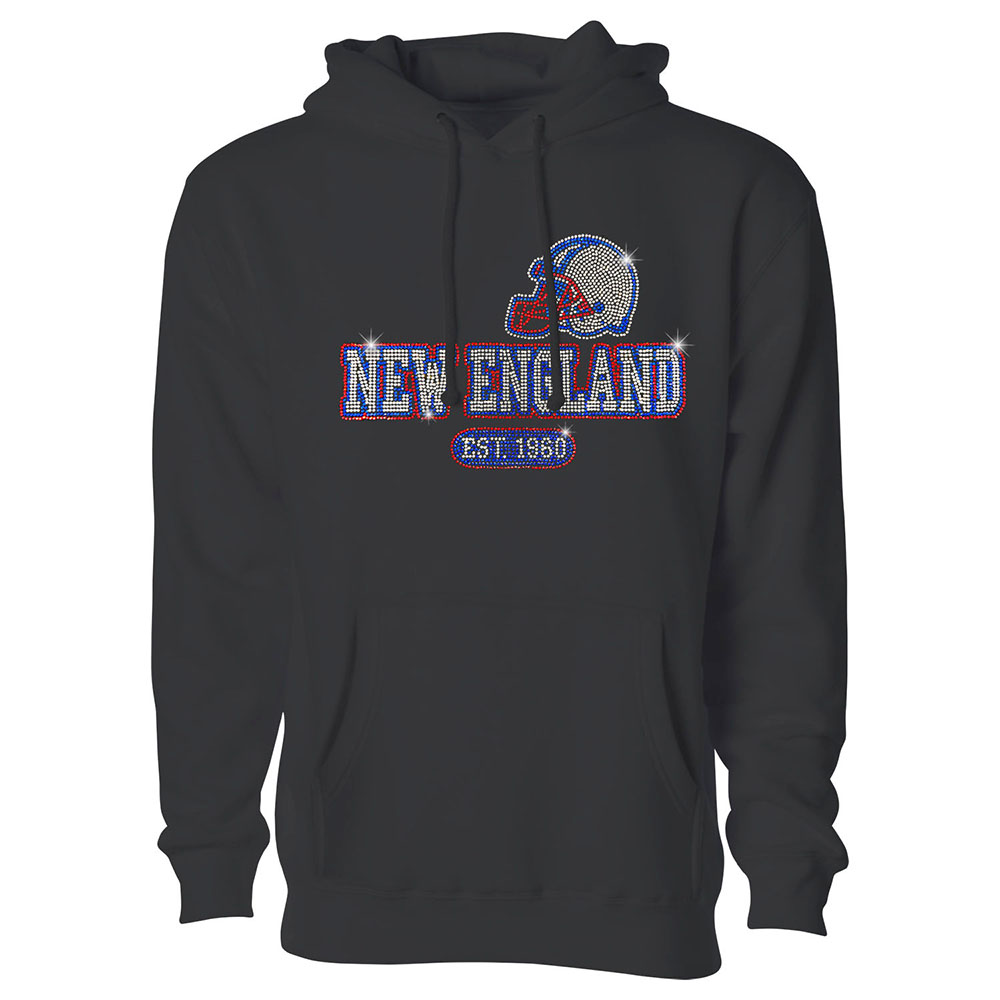 Women's Awesome Football Rhinestone Bling Pullover Hoodie - New England - Black / S