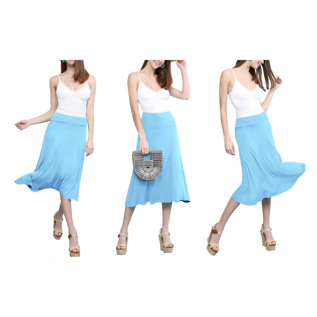 Women's Solid Lightweight Flare Midi Pull-on Skirt - Aqua - Large