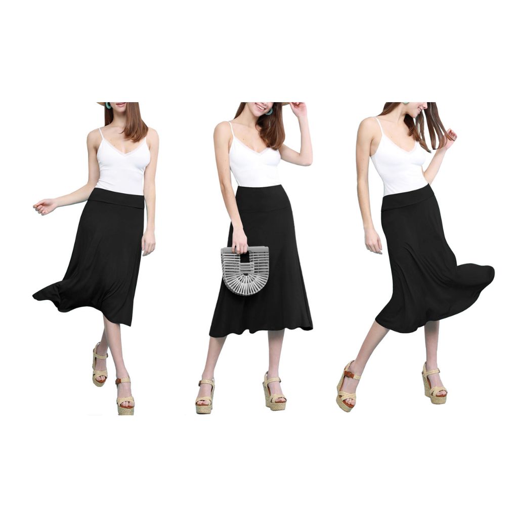 Women's Solid Lightweight Flare Midi Pull-on Skirt - Black - Small