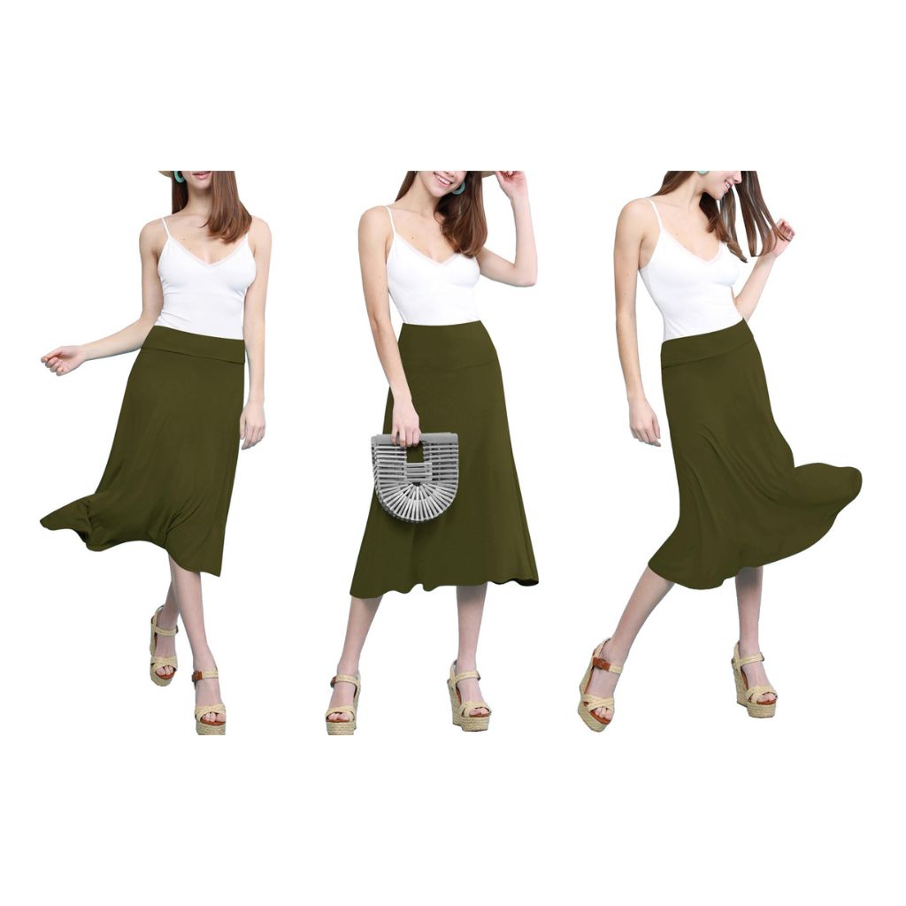 Women's Solid Lightweight Flare Midi Pull-on Skirt - Olive - XL
