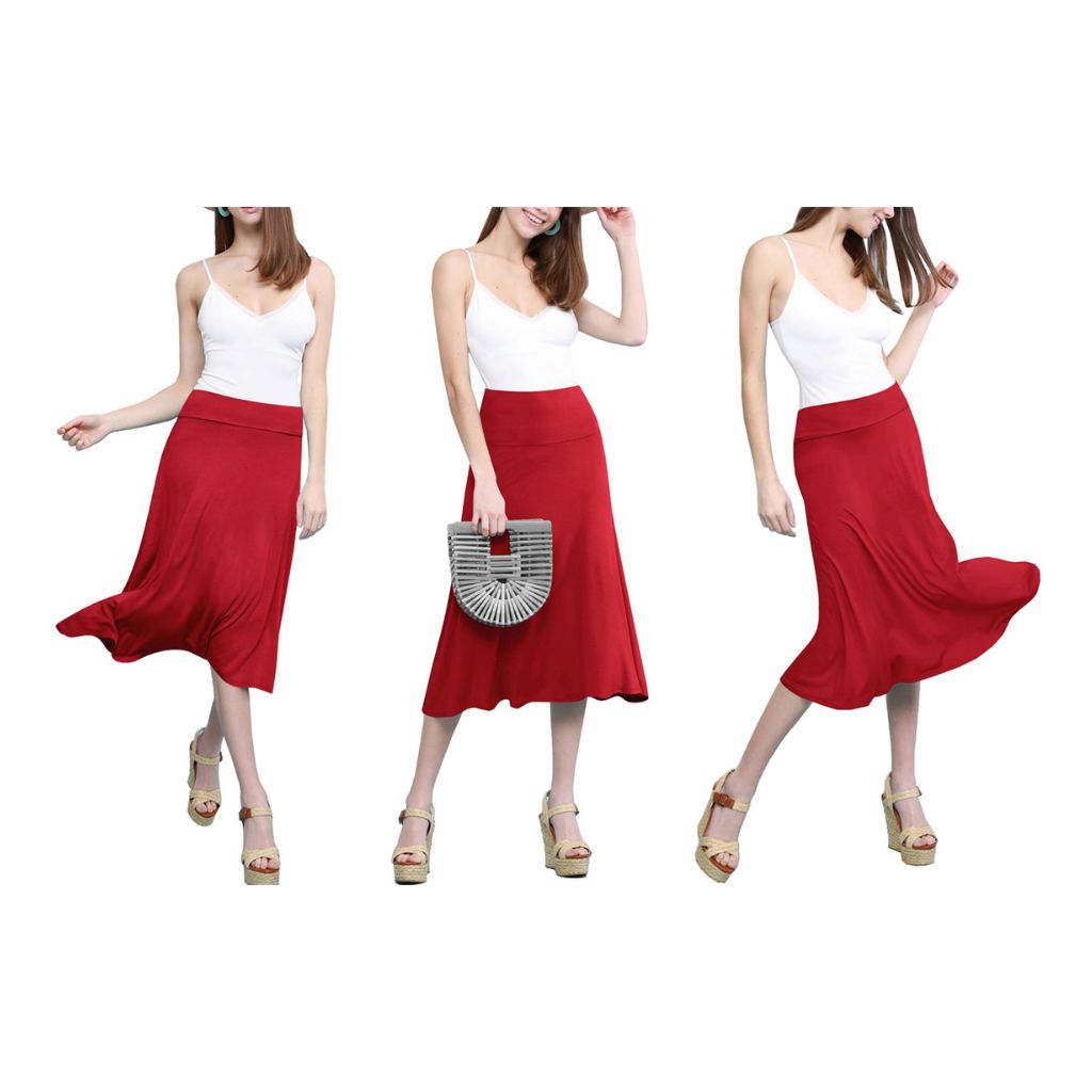 Women's Solid Lightweight Flare Midi Pull-on Skirt - Red - Small