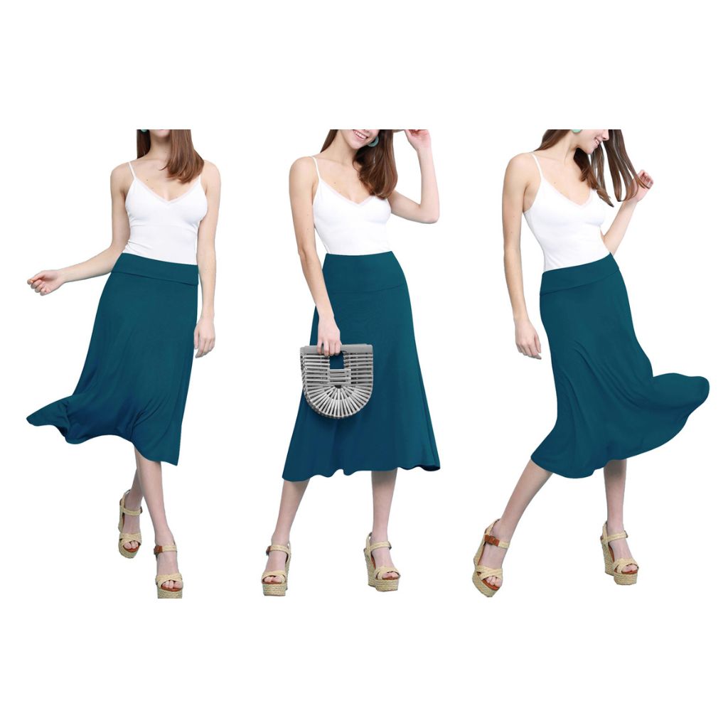 Women's Solid Lightweight Flare Midi Pull-on Skirt - Teal - Medium