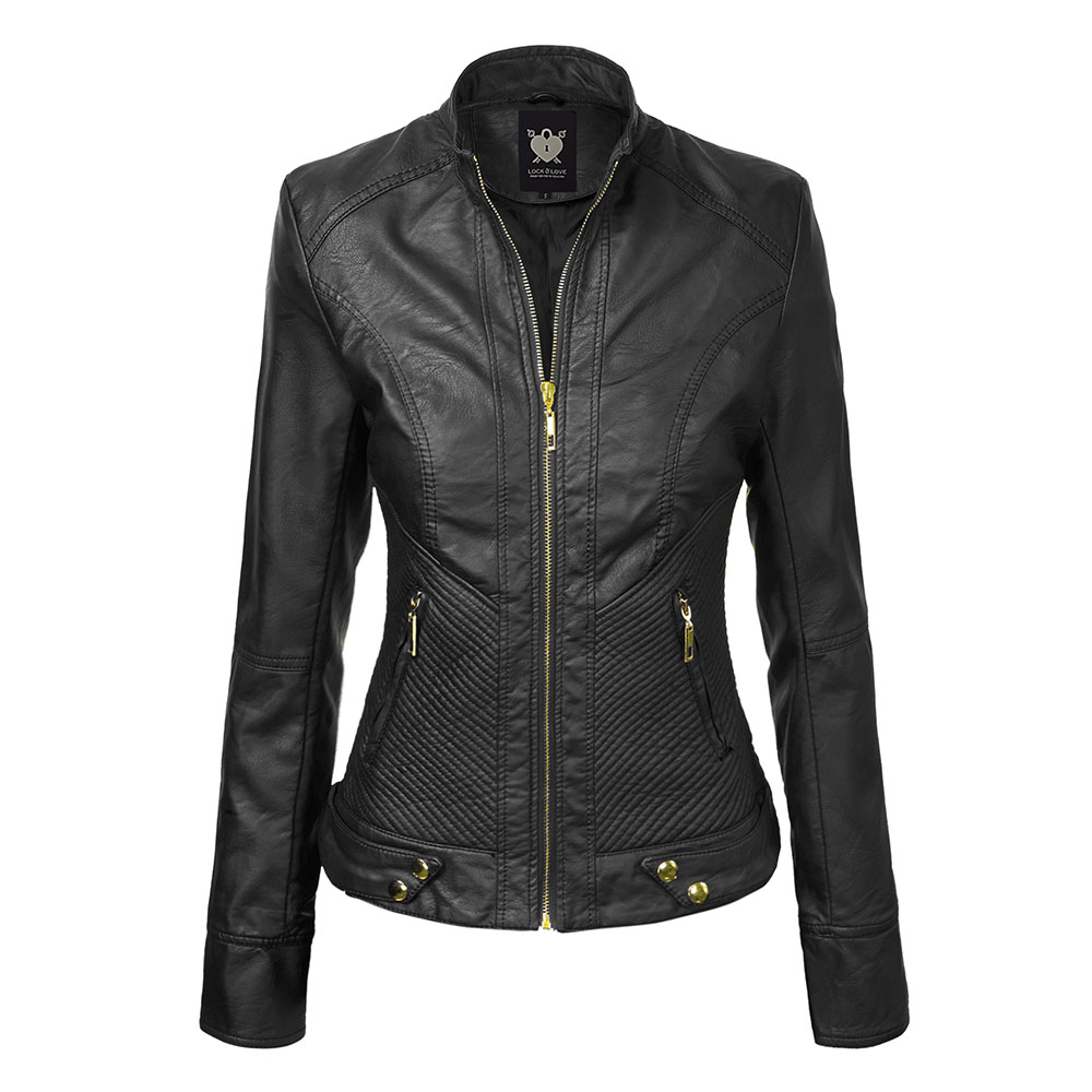 Women's Faux Leather Zip-up Moto Biker Jacket - BLACK XS