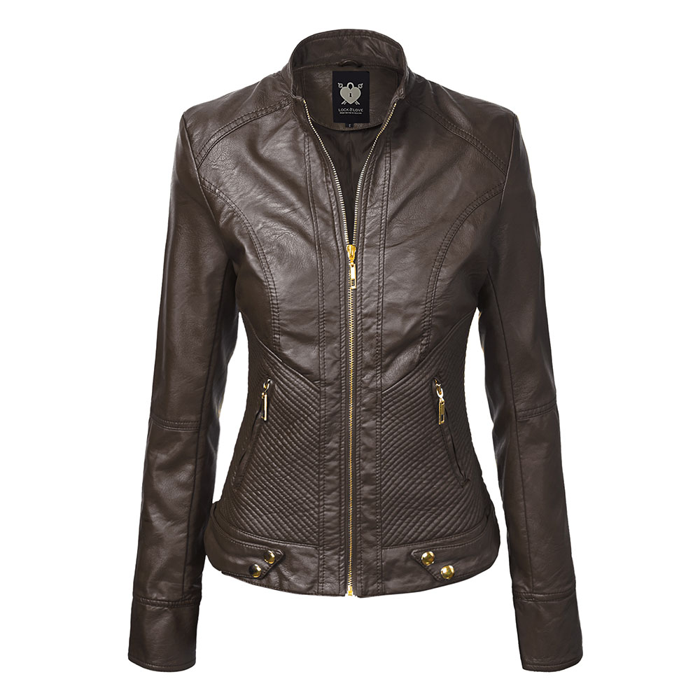 Women's Faux Leather Zip-up Moto Biker Jacket - COFFEE XXXL