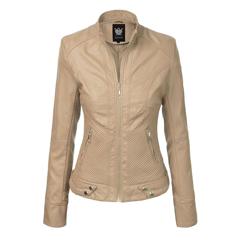 Women's Faux Leather Zip-up Moto Biker Jacket - KHAKI XL