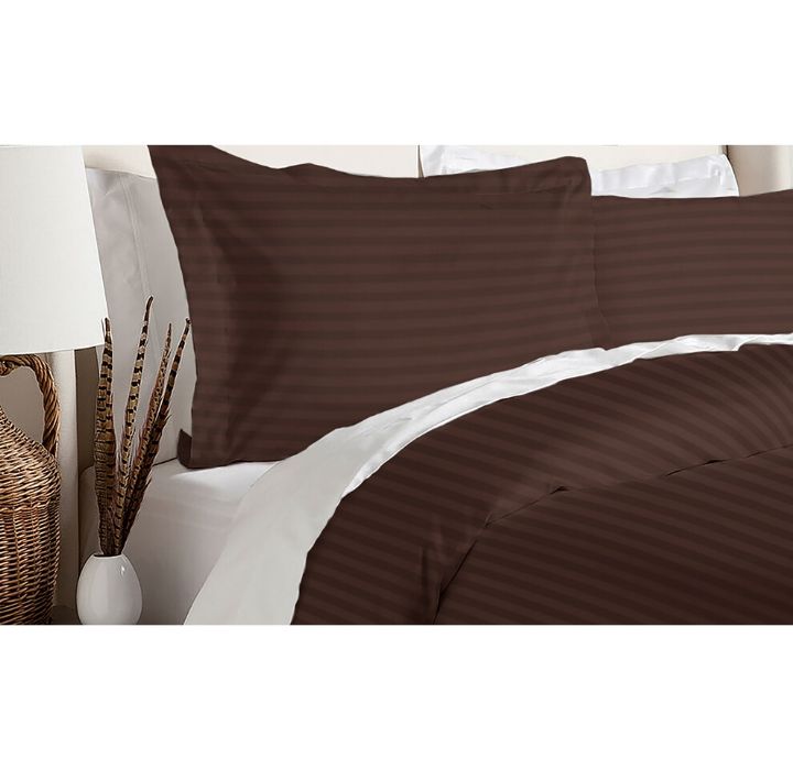 Damask Stripe 230 TC 3-Piece Duvet Cover Set - Twin - Chocolate
