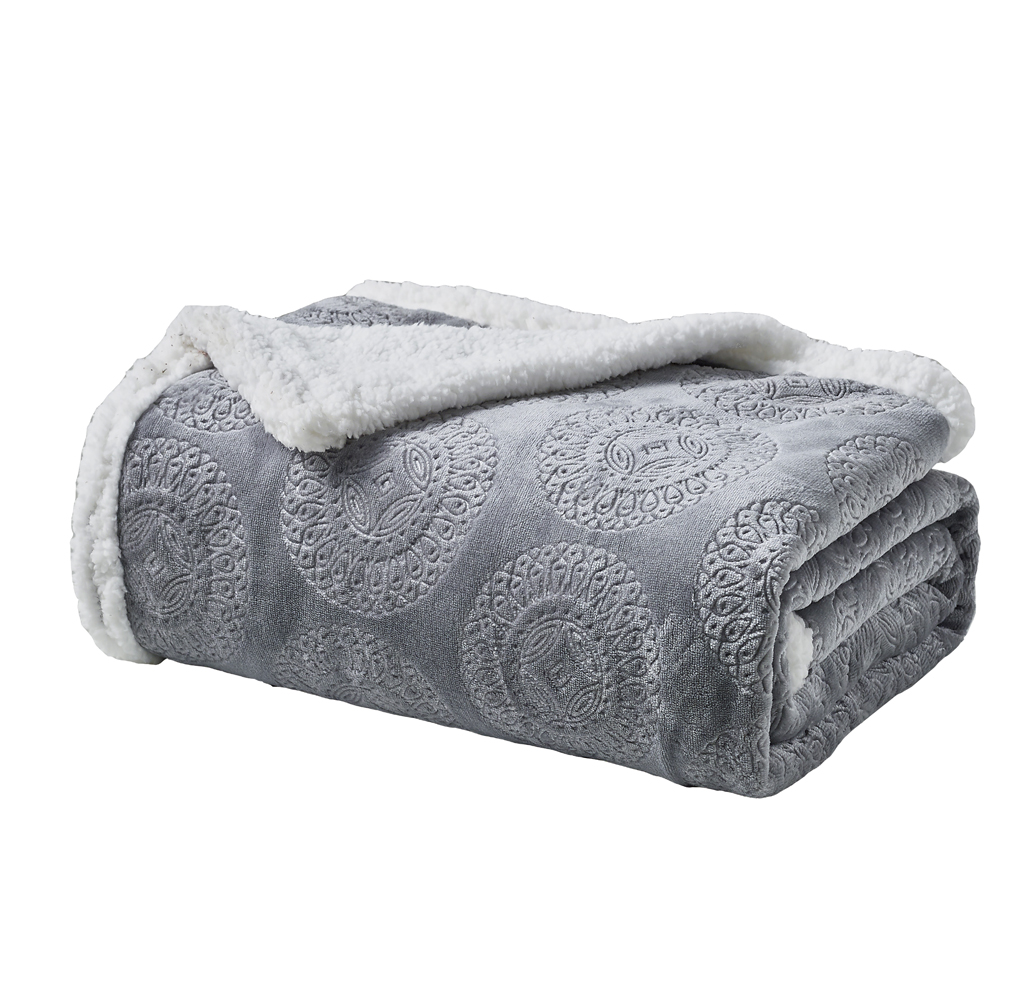 Sheradian Embossed Print Fleece/Sherpa Reversible Throw Blanket - Caesar - Gray