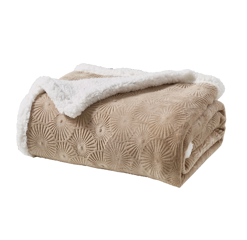 Sheradian Embossed Print Fleece/Sherpa Reversible Throw Blanket - Louvre - Taupe