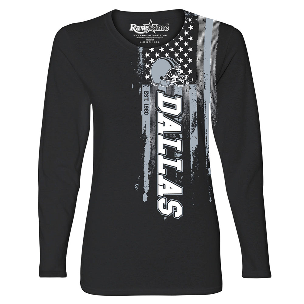 Women's Football USA Flag Black Long Sleeve Shirt - Dallas - Black / S
