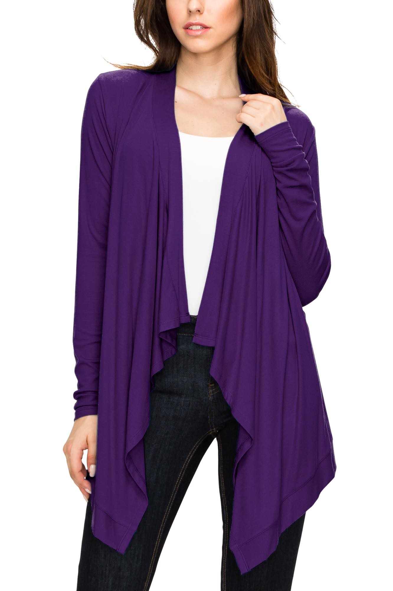 Women's Basic Draped Long Sleeve Open Front Knit Cardigan - DARK PURPLE / 3X