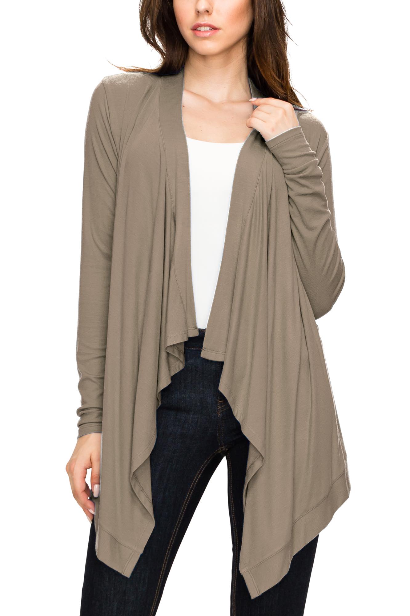 Women's Basic Draped Long Sleeve Open Front Knit Cardigan - TAUPE / S