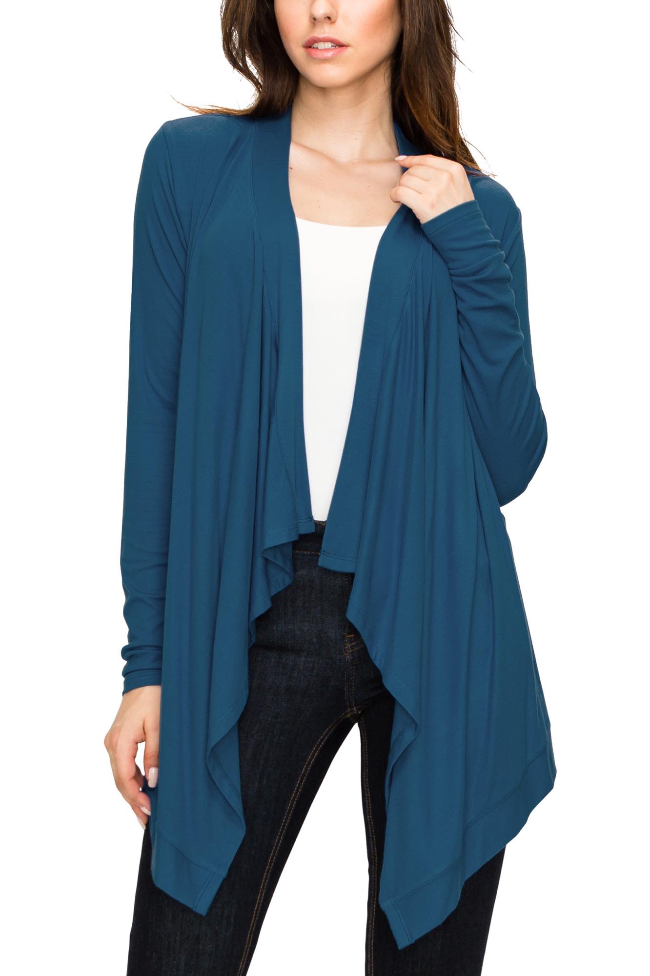 Women's Basic Draped Long Sleeve Open Front Knit Cardigan - TEAL / S
