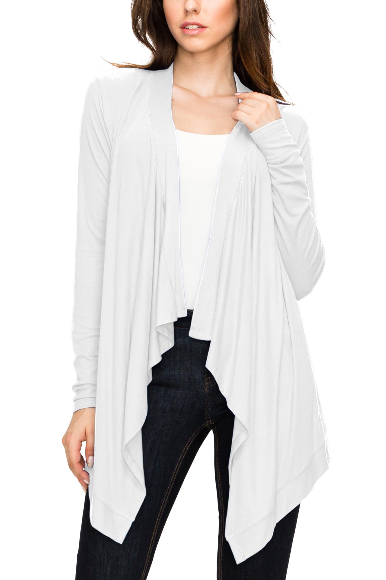 Women's Basic Draped Long Sleeve Open Front Knit Cardigan - WHITE / S