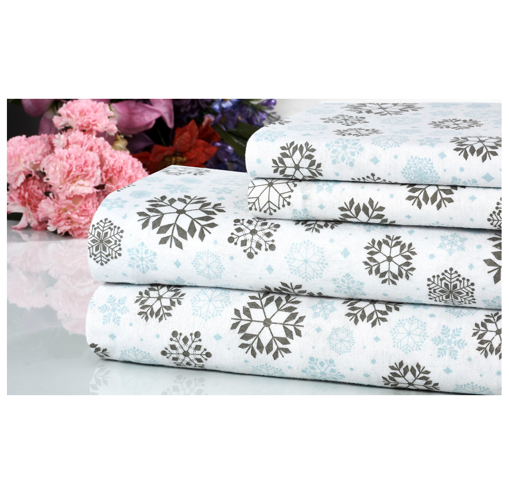 Bibb Home® 4-Piece Printed Cotton Flannel Sheet Set - Twin - Grey Snowflakes